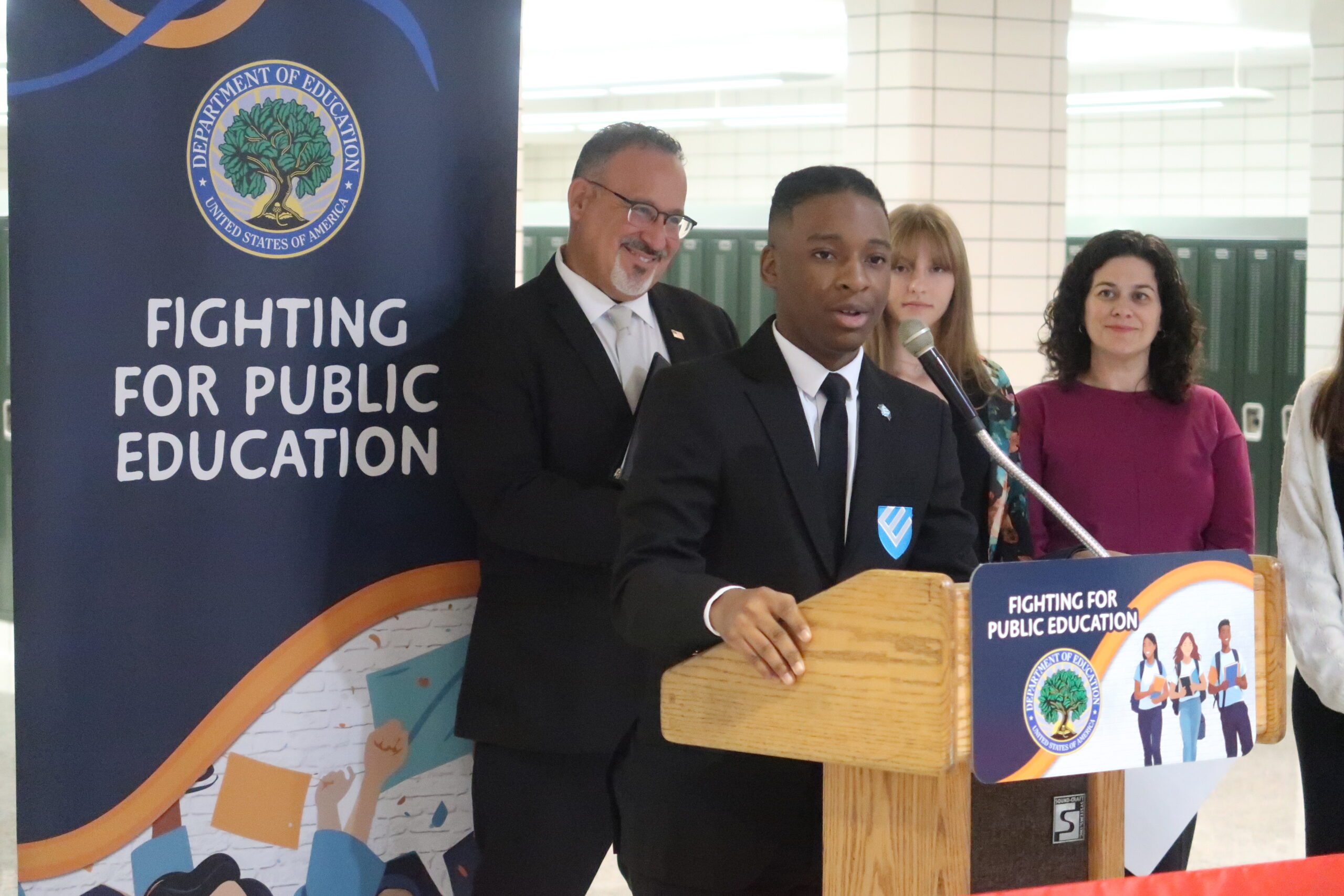 Char’Tayvious Speaks ahead of Sec. Cardona Sec Cardona pictured beyond Char Edwards