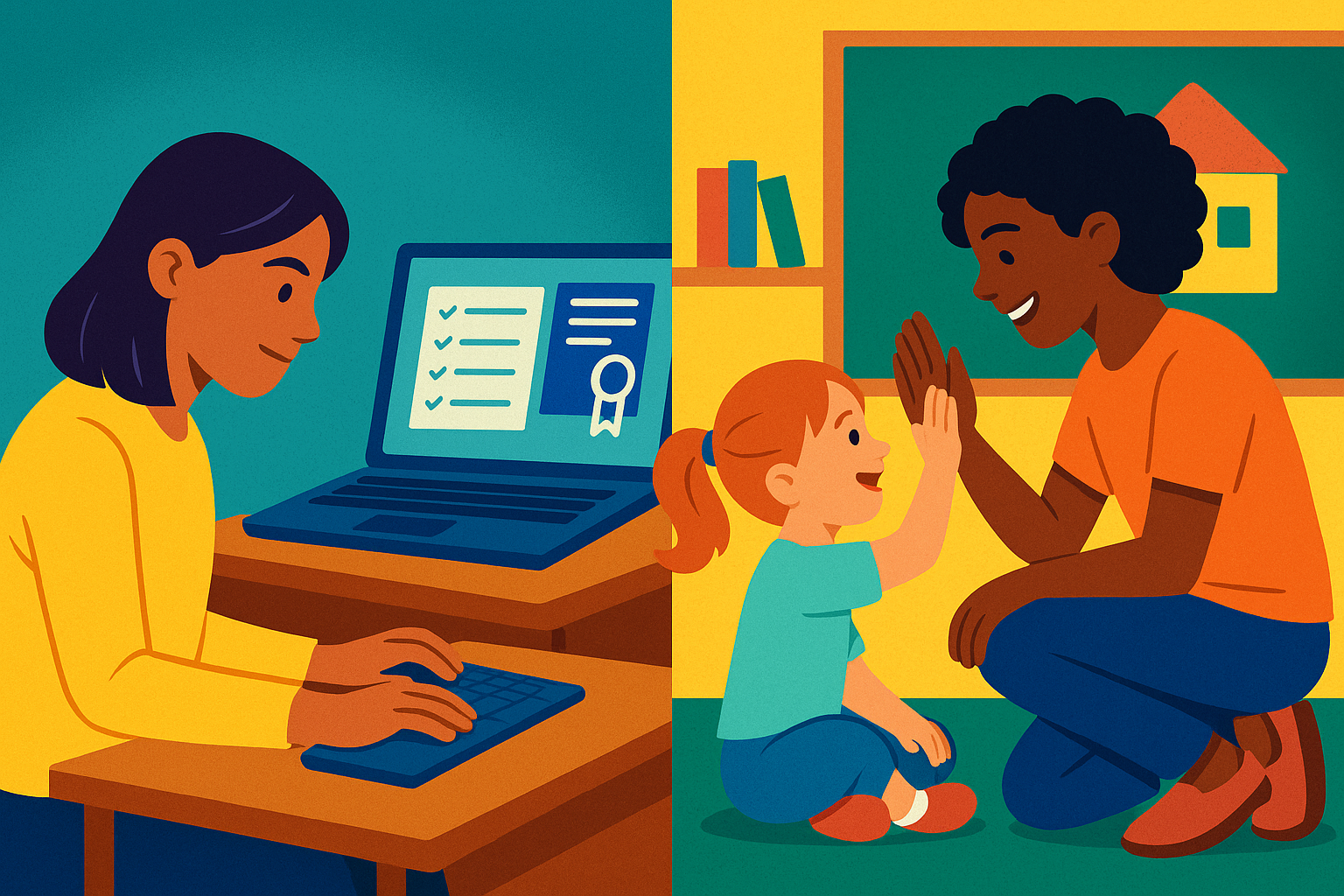 Student taking exam, student working with a young child