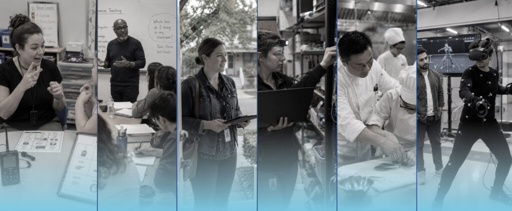 A crosscut of different education careers, from specialty teaching positions, college professors, social workers, IT staff, specialty CTE instructors, and VR designers